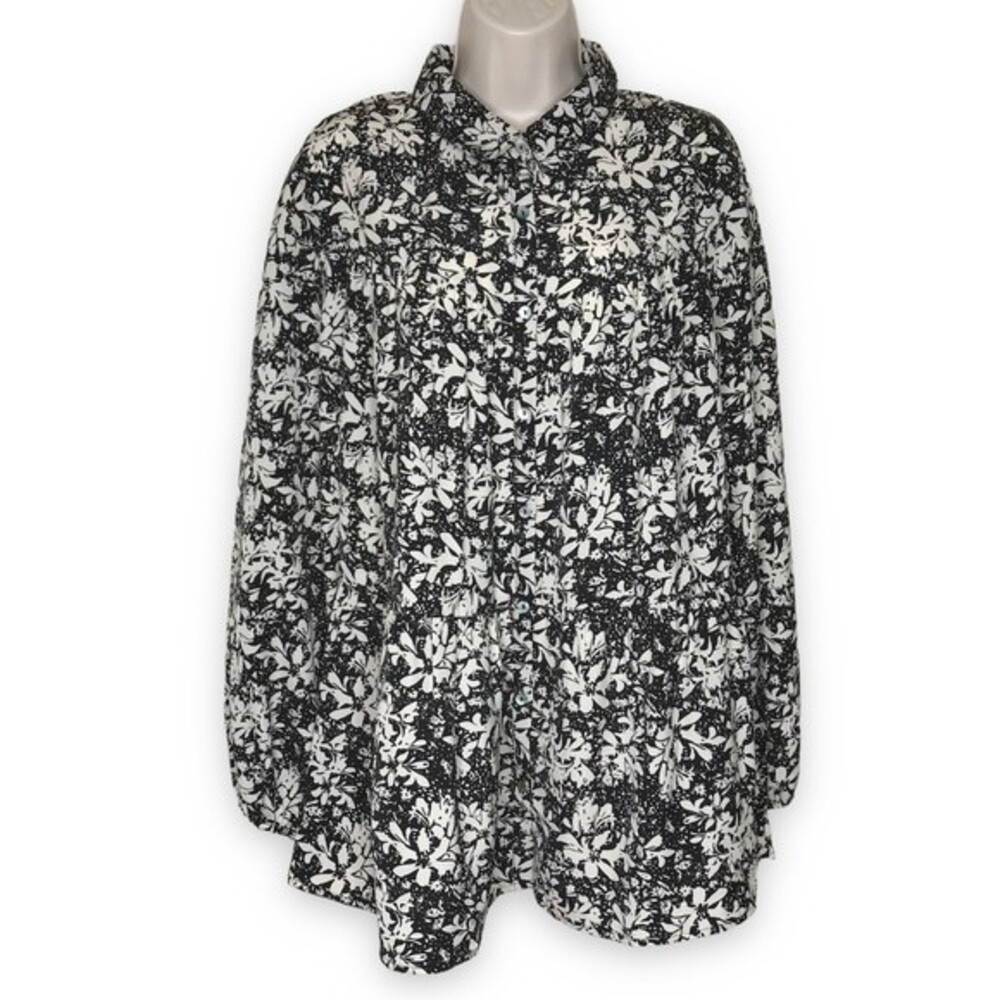 Entro Smock Top Button Front Gathered Shirt Black Cream Floral Tunic Women Large